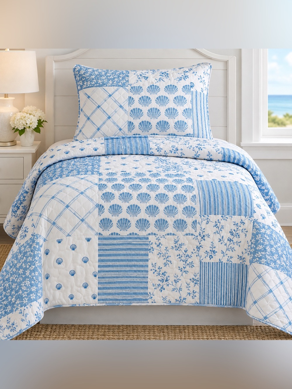 Laura Ashley Colleens Twin 2PC Coastal Patchwork Quilt Set Blue White